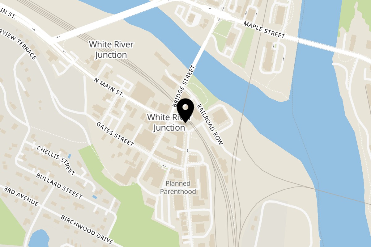 Map showing the location of Phnom Penh Sandwich Station on 7 S main st in White River Junction